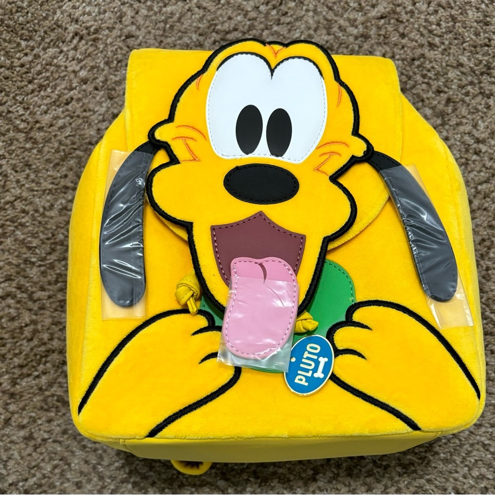 Disney Yellow Pluto Plush Character Backpack with Pink Tongue Accent